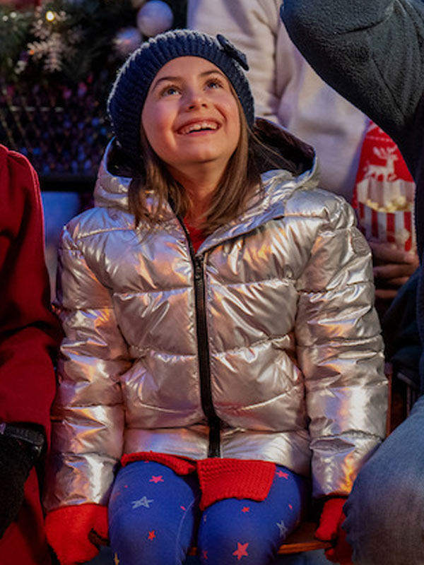 Dora Sanders Best Christmas Ever 2023 Abby Villasmil Silver Puffer Hooded Jacket