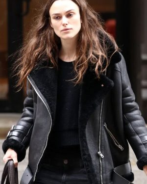English Actress Keira Knightley Black Leather Shearling Jacket