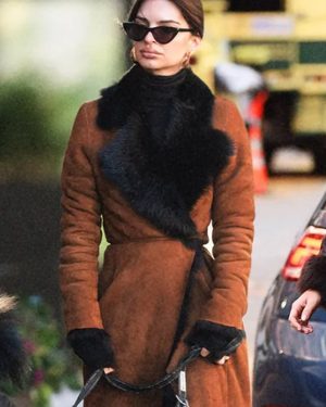 American model and former actress Emily Ratajkowski Brown Shearling Suede Leather Long Coat