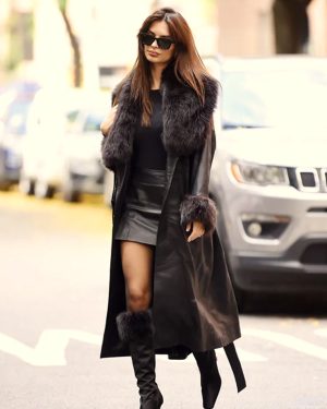 Emily Ratajkowski American Model Black Leather Coat