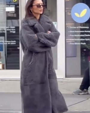 Former Actress and American Model Emily Ratajkowski Grey Faux Sherpa Long Coat