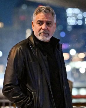 Wolfs 2024 George Clooney Black Leather Jacket