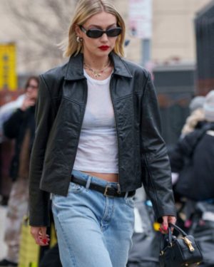 American Model Gigi Hadid Black Leather Jacket