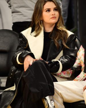 American Singer and Songwriter Selena Gomez Miami Heat Arena Black and White Leather Coat