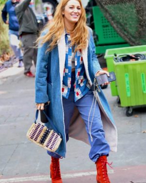 Lily Bloom It Ends with Us Blake Lively Blue Denim Shearling Trench Coat