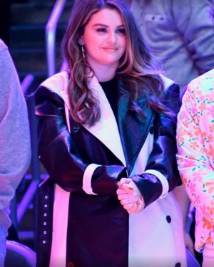 Selena Gomez Black and White Leather Trench Coat