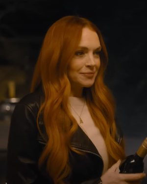 Avery Our Little Secret 2024 Lindsay Lohan Leather Black Biker Jacket