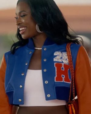 Coco Jones Bel-Air Series S03 Hilary Banks Blue and Orange Crop Varsity Leather Jacket