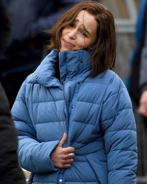 Emilia Clarke Secret Invasion Season 01 Blue Puffer Trench Coat