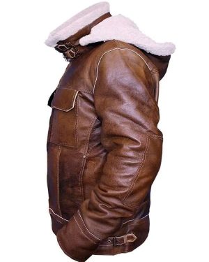 B3 Brown Shearling Leather Hooded Jacket For Men