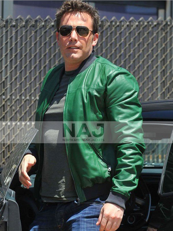 Men Celebrity Ben Affleck Green Leather Bomber Jacket