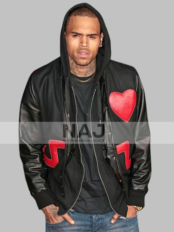 Chris Brown Black Bomber Wool and Leather Jacket