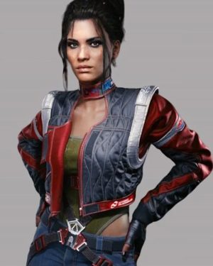 Cyberpunk 2077 Video Game Panam Palmer Grey and Red Cropped Leather Jacket