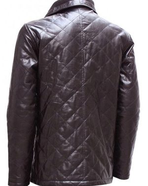 Shirt Collar Men Brown Quilted Leather Jacket