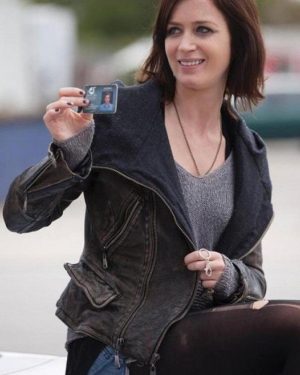 Emily Blunt Arthur Newman Mike Leather Hooded Jacket
