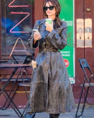 NYC Street Emily Ratajkowski Brown Distressed Leather Trench Coat