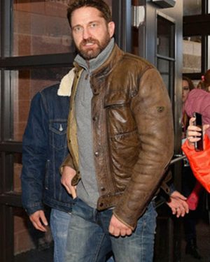 Men Celebrity Gerard Butler Brown Cafe Racer Leather Jacket