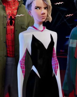 Hailee Steinfeld Spider-Man Into the Spider-Verse (2018) Gwen Stacy Black and White Leather Hooded Costume Jacket