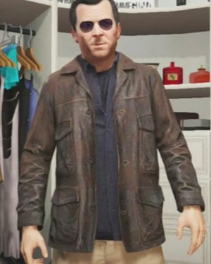 Michael Distressed Video Game Grand Theft Auto V Brown Leather Jacket