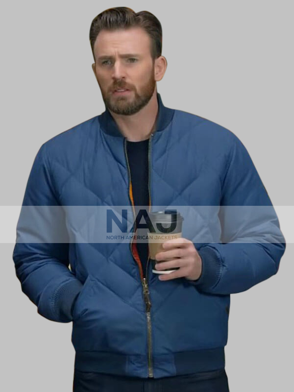 Chris Evans Super Bowl Movie Quilted Blue Bomber Jacket